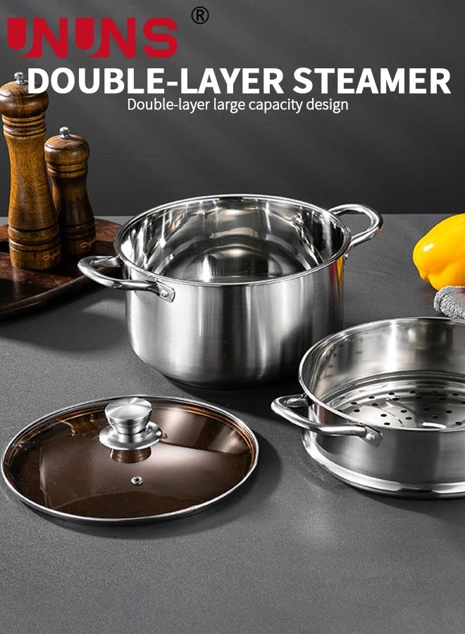 UNUNS Steamer for Cooking,2-Tier 24CM Stainless Steel Steaming Pot with Steamer Basket for Vegetable,Dumpling,Soup,Pasta,Seafood,Transparent Glass Lid and Handle for Safe Cool Touch Cooking - Image 2